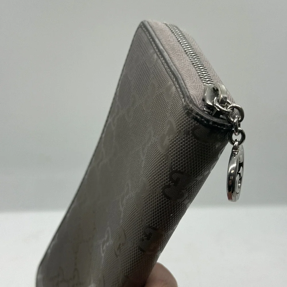 Gucci GG Monogram Zip‎ Around Wallet Silver Purple Gray Leather PVC Mirror